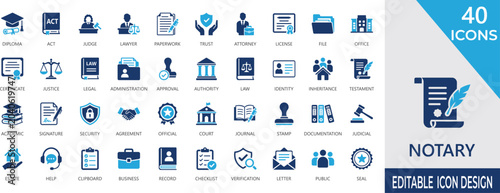 Bild auf Leinwand Notary fill icon set with document, legal, approval, contract, record, certification, seals, and justice glyph icons