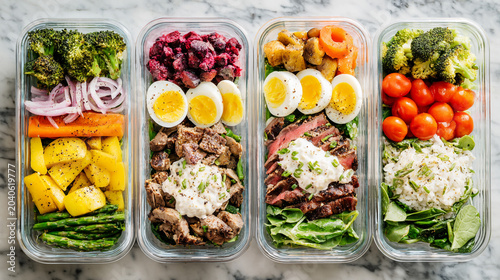 light filled photo of lunch prep with 4 different trays