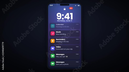 Smartphone lock screen with stream of app notifications and time on modern mobile phone display