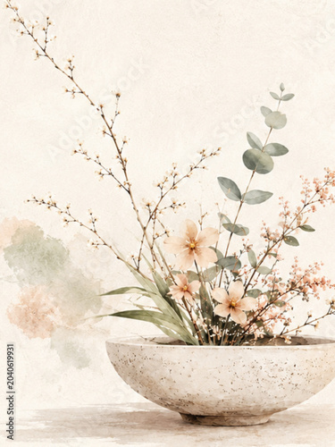 Japandi wall art print with minimalist abstract botanical graphic for neutral textured home decor