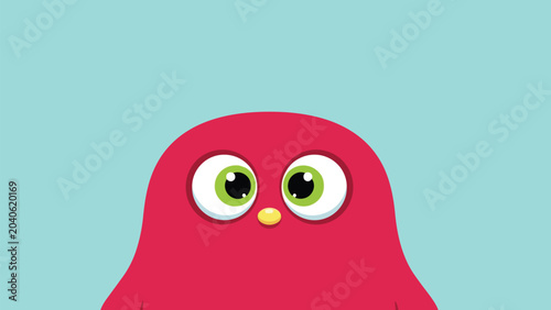 Cute Red Cartoon Character with Big Eyes on Blue Background.