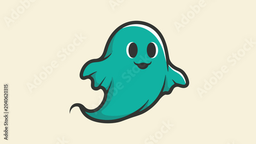 Fotografie Cute Teal Ghost Cartoon Character with Friendly Expression.
