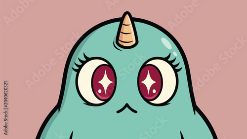 Cute Teal Monster with a Horn and Starry Eyes Illustration.