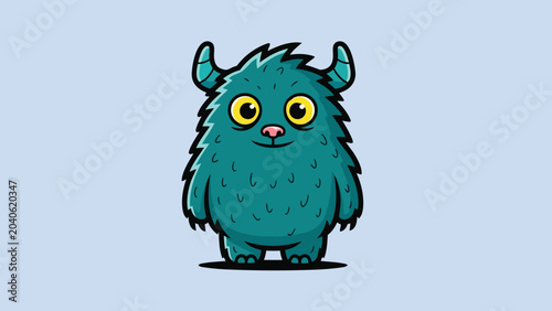 Cute Teal Monster with Horns and Big Yellow Eyes Illustration.