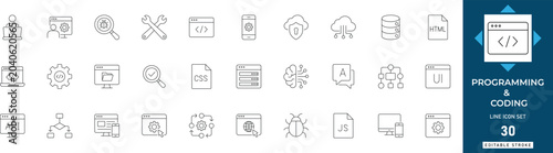 Cuadro en lienzo Programming line icon set featuring coding, software, development, script, source code, data, technology