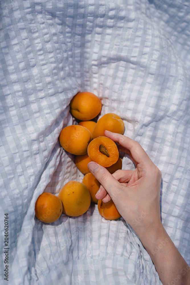Obraz premium Vibrant Orange Apricots Resting In The Pocket Of A Woman's Pale Blue Gingham Dress