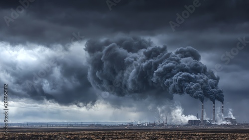 Industrial smokestacks emitting dark pollution under stormy sky
