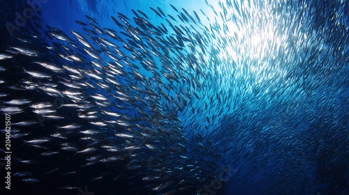 unison. Massive school of sardines moving in unison through deep blue ocean water. wildlife magazines, conservation campaigns, designed for eco-tourism storytelling, used by creative directors.