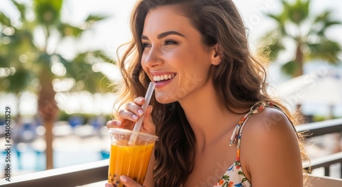 Young woman sipping orange juice by a pool with palm trees for summer lifestyle banner and tropical vacation background