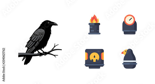 Black raven perched on a branch with fire and hazard warning icons