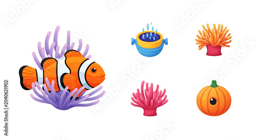 Clownfish with sea anemone and marine icons isolated on black background