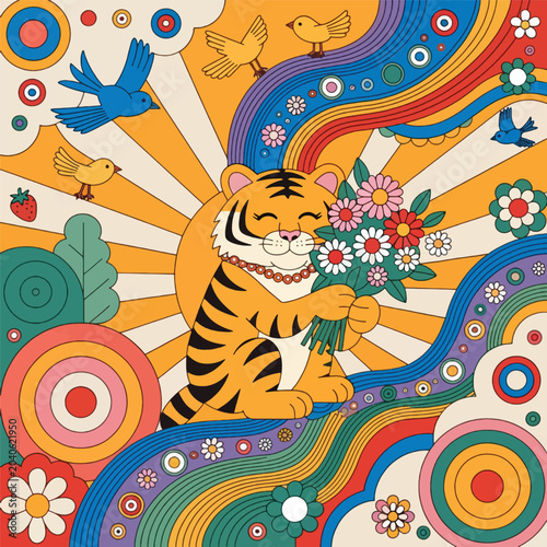Tiger holding flower bouquet in retro rainbow landscape culinary arts