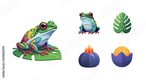 Colorful tree frogs and tropical jungle plants collection on black background