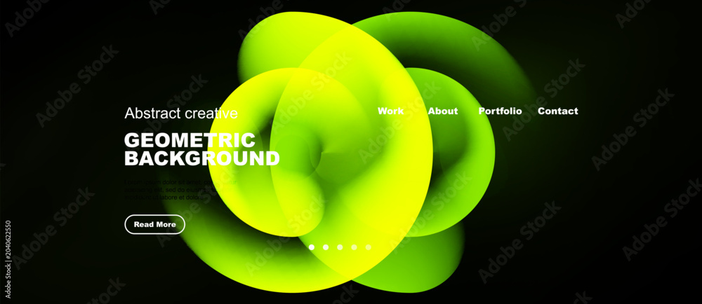 Naklejka premium Bright yellow abstract shapes dominate dark background. Text elements present website navigation, call to action. Modern design.