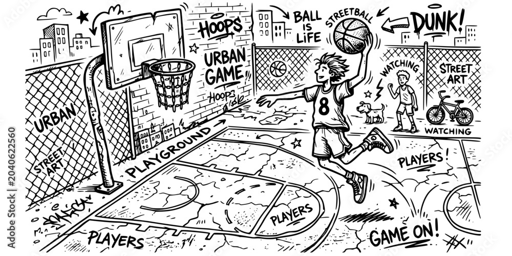 Fototapeta premium Streetball Playground Doodle Black White-Chain Net Court Crack Player-Urban Game Vector-Street Icon Doodle-Basketball Design Set