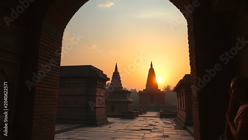 Ancient red brick archway and stupa ruins at sunset.