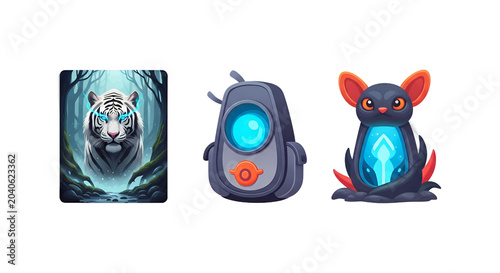 Three magical digital character icons featuring a tiger, robot and alien