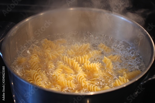 Fusilli pasta cooking in a pot of boiling water with steam rising