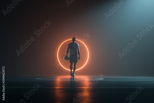 Silhouette of a basketball player walking towards a glowing orange circle on a court