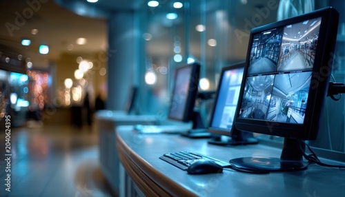 Security operator monitoring shopping mall with cctv cameras on multiple monitors