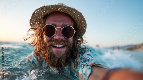 A joyful man with long hair and sunglasses captures an ocean selfie while surfing, representing freedom, adventure, and the joy of life at a beautiful beach during sunset.