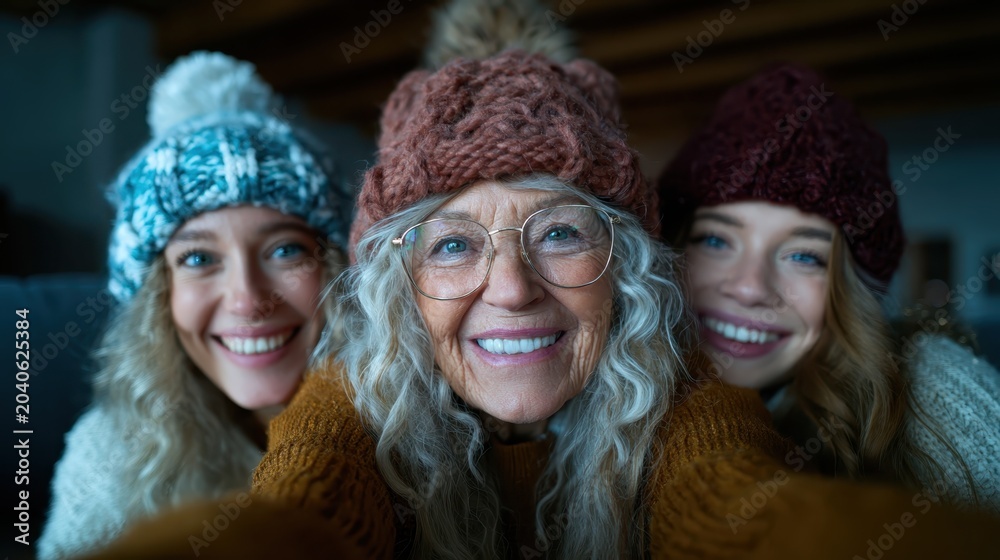 Fototapeta premium Three generations of women, including a grandmother and two younger members, smile joyfully while wearing cozy knitted hats, celebrating family bonds and warmth.