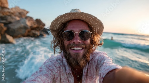 A joyful man with long hair and sunglasses smiles widely at the beach, capturing the essence of carefree moments during a warm sunset by the ocean waves.