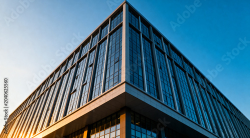 High-rise commercial building, steel and glass, urban business district.
