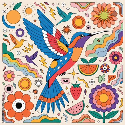 Hummingbird flying among flowers fruits retro pattern vibrant nature