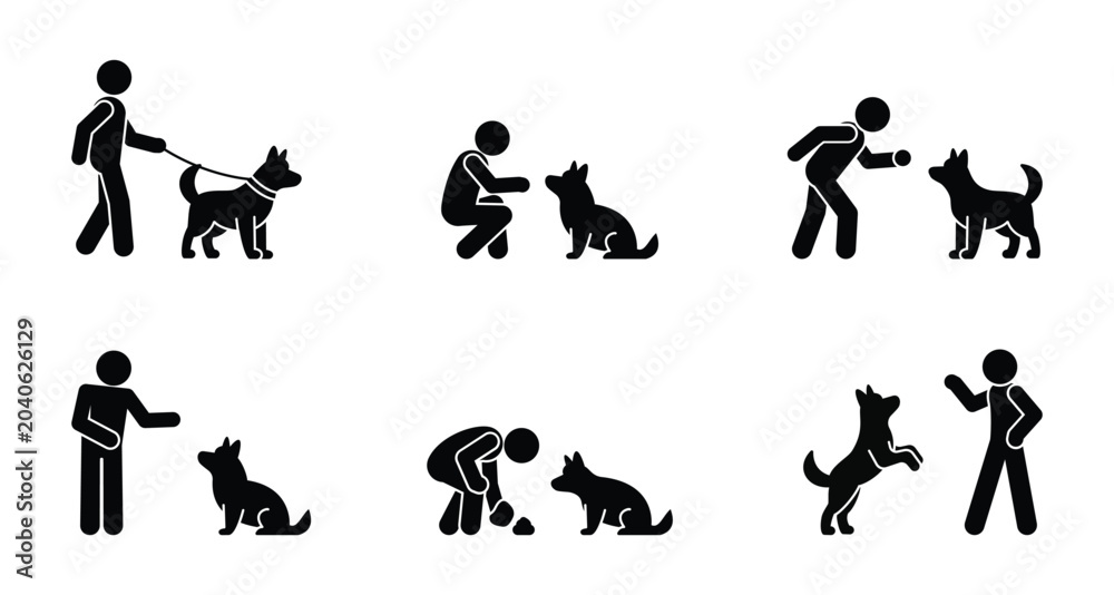 Obraz premium Stickman vector set of people walking, playing with dog and cleaning after pet. Isolated figures pet care lifestyle illustration for stock use.