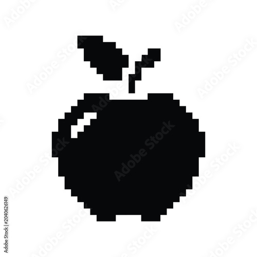 Simple black pixel apple icon isolated on transparent background. Retro 8-bit game style fruit symbol for apps, UI, gaming, pixel art and design projects.