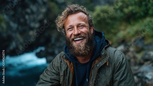 A charming bearded man smiling broadly in a lush green outdoor setting, capturing the essence of adventure, joy, and connection with nature in a refreshing environment.