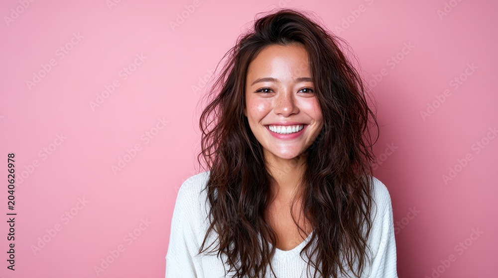 Fototapeta premium A cheerful young woman with curly hair smiles radiantly against a soft pink background, representing happiness, beauty, and the joy of living in a vibrant atmosphere.