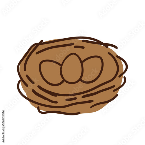 Hand drawn bird nest with three eggs inside isolated on white background.