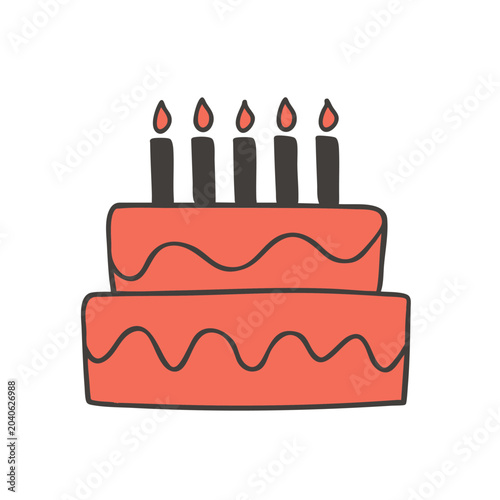 Doodle style hand drawn illustration of a two tier birthday cake with lit candles.