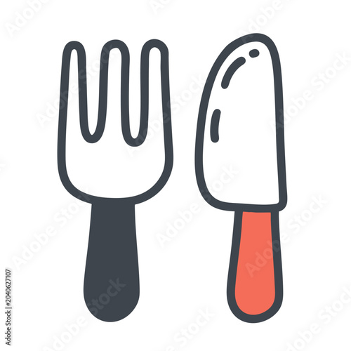 Simple doodle illustration of a fork and knife cutlery set.