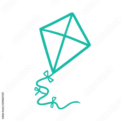 Minimalist turquoise kite illustration with decorative tail.