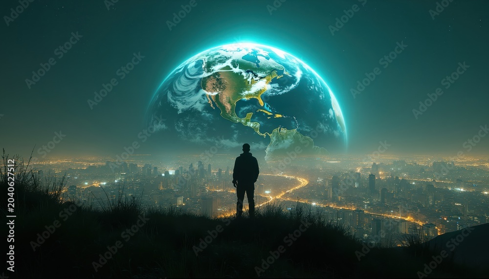 Obraz premium Man silhouetted on hill watches glowing Earth above sprawling city skyline at night. Vast planet hovers over urban landscape with bright lights, representing global connection, future possibilities.