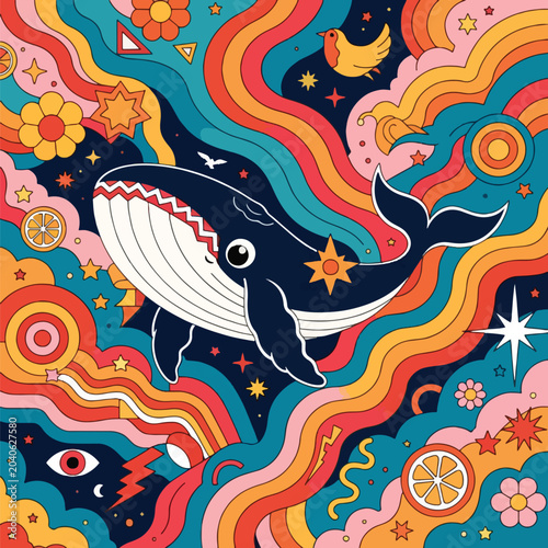 Whale swimming in psychedelic wavy ocean with retro hippie art culinary