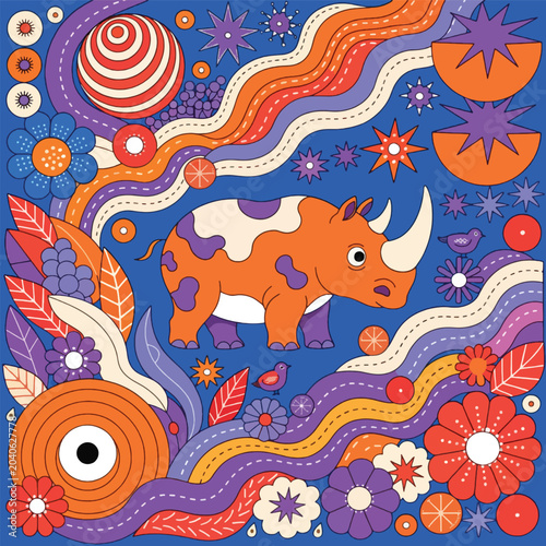 Rhino with flowers and wavy lines graphic