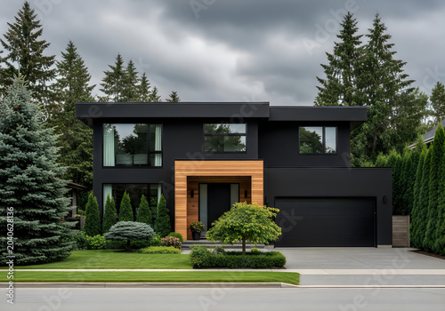 Modern twostory black house with wood accents and green lawn and trees
