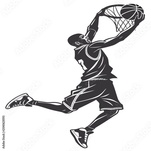 Billede på lærred Dynamic basketball slam dunk in mid-air black and white illustration style