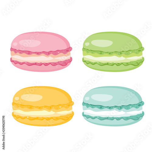 Macaron set illustration. Macarons with various flavor and color. Pink, green, yellow and blue. Dessert illustration