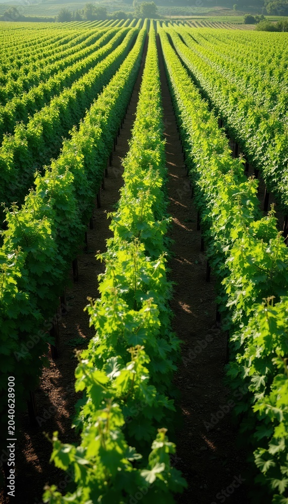 Fototapeta premium Vast green vineyard rows stretch toward horizon under bright sunlight. Rich foliage covers young grape plants cultivated on fertile soil for wine production. Agricultural landscape unfolds with neat