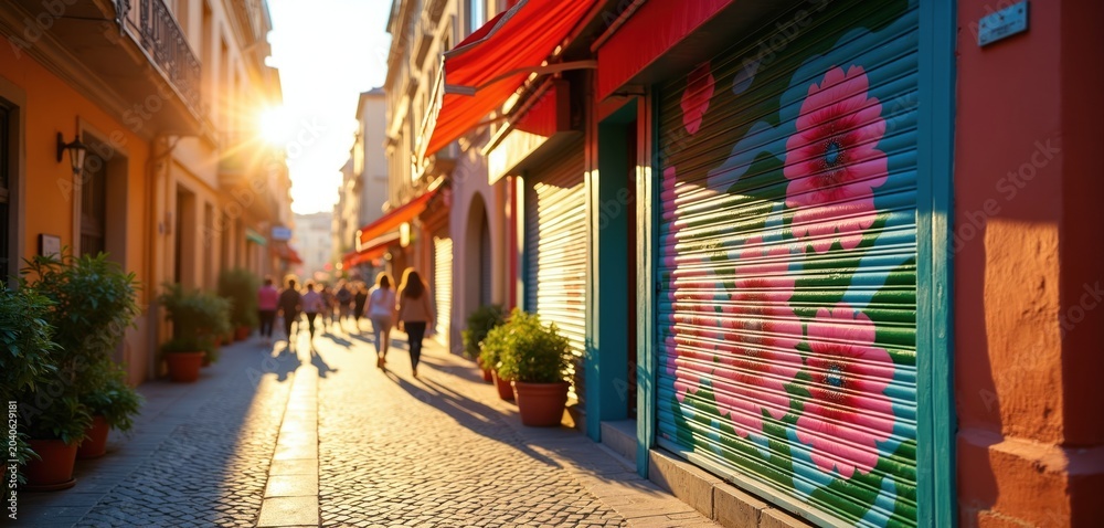 Fototapeta premium Sun shines on cobbled street lined with potted plants and shops with vibrant floral art on closed shutters. People walk past colorful buildings on warm sunny day.