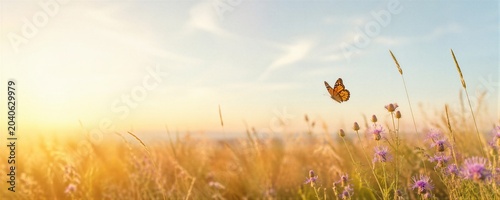 Monarch butterfly flying over meadow with wildflower at sunset. Concept of ecology, nature conservation, biodiversity and environmental protection. Banner with copy space
