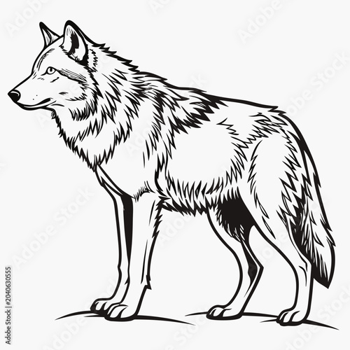 Wolf standing in profile isolated on white background. Full body wild animal vector illustration in black and white line art style.