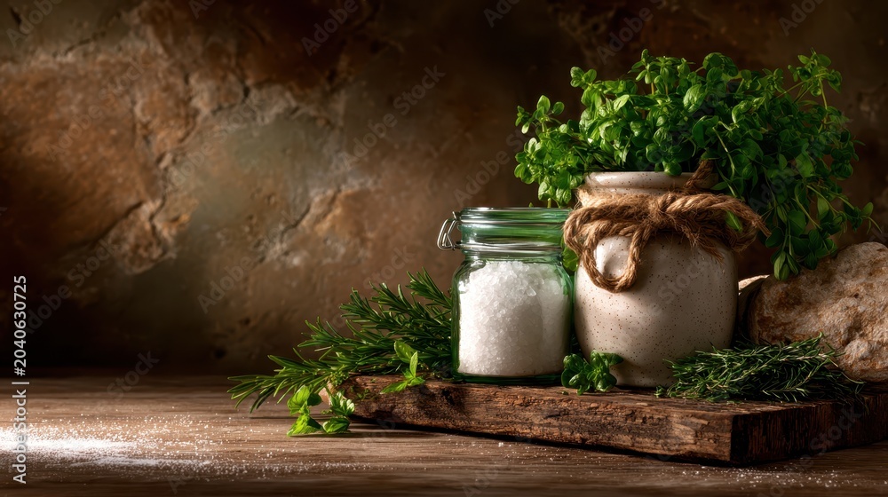 Obraz premium An artistic arrangement of fresh herbs and sea salt in rustic containers on a wooden table, embodying the essence of culinary creativity and natural beauty.