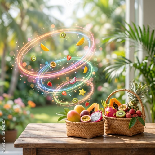 Exotic fruits in baskets with magical glowing swirls and sparkles, symbolizing freshness and vitality