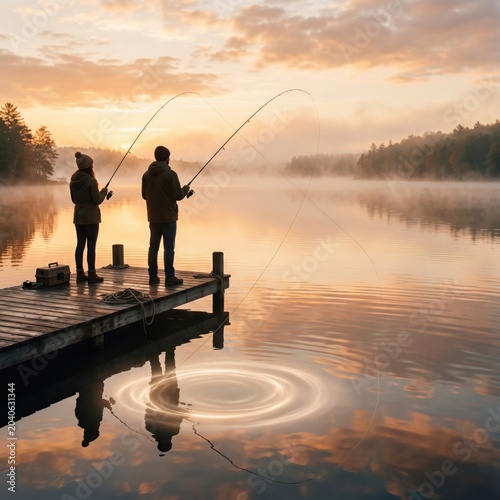 Couple fishing from a wooden dock on a misty lake at sunrise with reflections